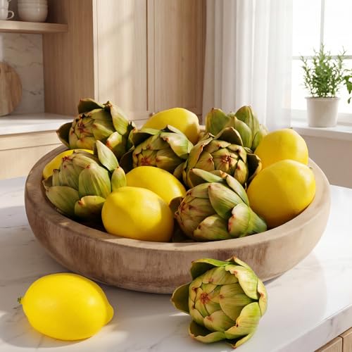 Novabright 12 Pcs Artificial Artichokes and Lemons Set Realistic Green Artichokes Yellow Lemons Fake Vegetables and Fruits for Kitchen Decor Centerpiece Bowl Fillers