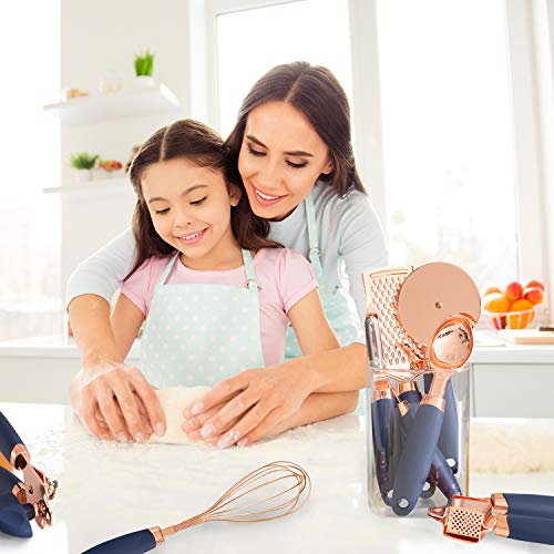 Image of COOK With COLOR 7 Pc Kitchen Gadget Set Copper Coated Stainless Steel Utensils with Soft Touch Navy Handles