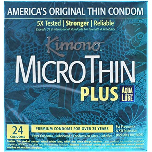 Kimono Microthin Plus Aqua Lube Condoms I Lubricated With Water Based Lube I Our Thinnest Condoms Ever I 5X Tested, Stronger, Reliable I Made With Odorless Premium Natural Latex I 24 Count #TOP7