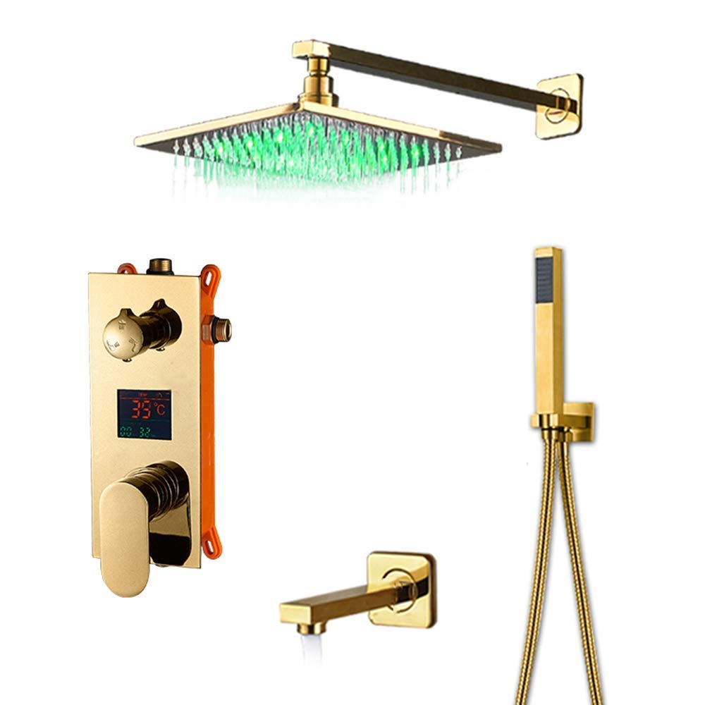 Set Doccia Combinato con Miscelatore a Pioggia Dorato e Display Digitale, Rubinetto Doccia a Parete per Bagno con soffione, doccetta a Mano e Bocca di erogazione per,8 Inches