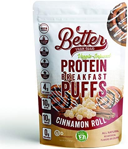 Better Than Good Sweet Keto, Gluten-Free Cinnamon Roll Crunch Protein Puffs (2.2oz Bag 1-Pack) - Paleo, Low Sugar, Low Calorie, Diabetic Friendly Snacks | 10g Protein & 2 Servings of Fruits & Veggies