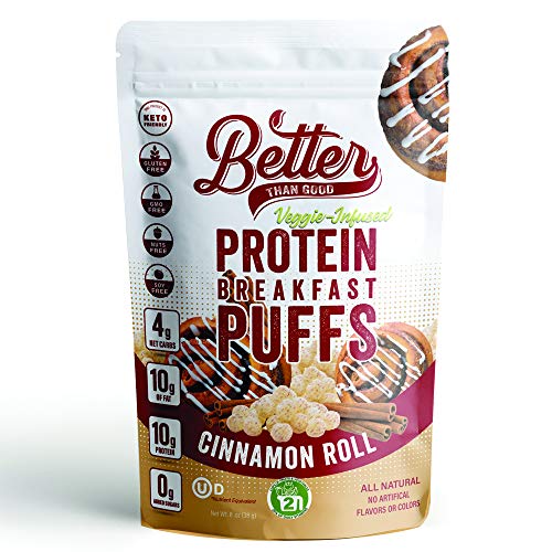 Better Than Good Sweet Keto, Gluten-Free Cinnamon Roll Crunch Protein Puffs (2.2Oz Bag 1-Pack) - Paleo, Low Sugar, Low Calorie, Diabetic Friendly Snacks | 10G Protein & 2 Servings Of Fruits & Veggies #TOP2
