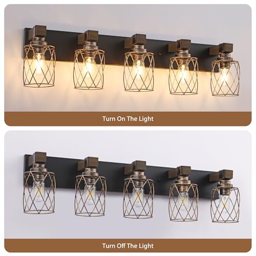 Image of 5-Light Black Gold Farmhouse Vanity Light, Wood & Metal Cage Shade | Mounted Over Mirror, Industrial Rustic Style, Ideal for Bathroom, Bedroom, Hallway & Living Room, Easy To Install