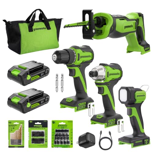 Image of Greenworks 24V (4-Tool) Brushless Combo(Drill+Impact Driver+Recip Saw+Flashlight), 2*2.0Ah USB-C Batteries (12,000mAh Power Bank)and a Cable, 30W Charger,29Pcs Titanium Drill+Impact Bits+Nut Drivers