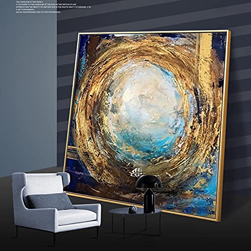 Oeuvre d'or et bleu sur peinture abstraite grand format 80x80 cm pour intérieur chic