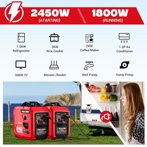Image of 2450-Watt Dual Fuel Inverter Generator for Home Use, 1.6Gallon Large Fuel Tank Up to 8.3 Hours Use, 120V Gas Powered Generator Super Quiet - EPA Compliant, Red