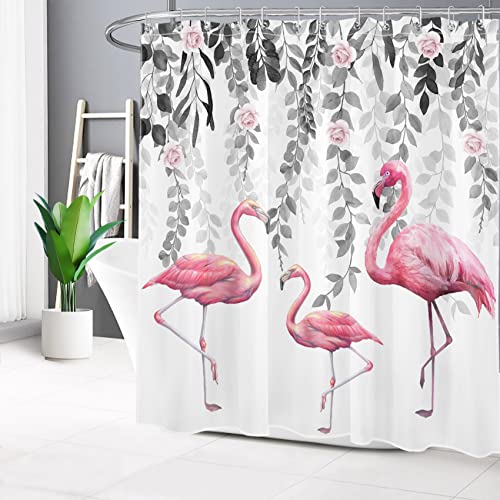 LB Pink Flamingo Shower Curtain Grey Leaf Rose Flower Shower Curtains for Bathroom Nature Plant Tropical Bird Polyester Anti Mould Waterproof Bath Curtain Set including Hooks,71x71 inches - Image 3