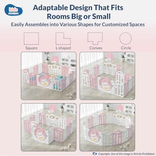 Image of Kids Station Bear Design Baby Play Yard with Playmat, Basketball Hoop & 20 Colourful Balls, Safe Playpen for Infants & Toddlers 150 x 180, Anti-Slip, Foldable Mesh Fence (Pink)