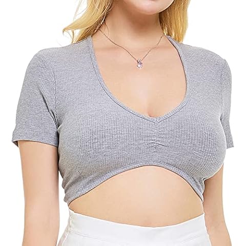 Short Sleeve Party Crop Tops for Women V Neck Teen Girl Croped Shirt Solid Color Basic Tees Ribbed Gym Bra Tops Gray M Cover