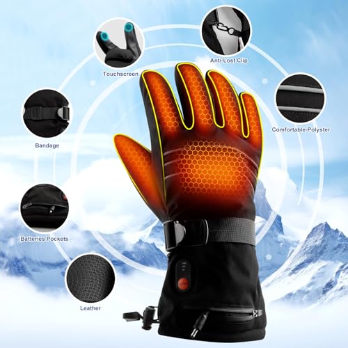 Heated Ski Gloves for Men and Women - 7.4V Battery, 3 Heat Levels, Waterproof Touchscreen for Outdoor Activities