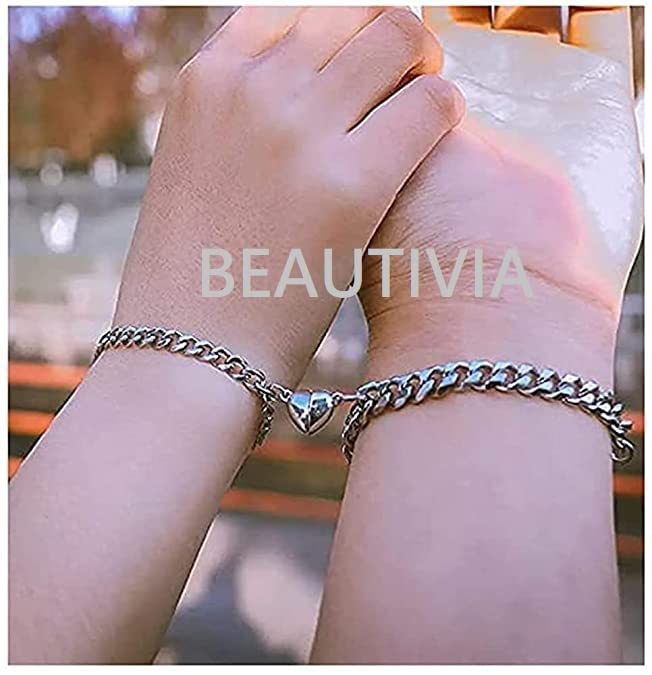 Image of Magnetic Couple Bracelets, 2 Pcs Adjustable Cuban link Chain Magnetic Heart Hand In Hand Bracelets Stainless Steel Matching Promise Best friend, Couples Bracelets for Friendship Love Boyfriend Girlfriend Women Men Gifts