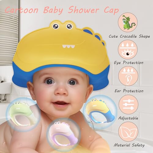Image of Baby Shower Cap Shield, Shower Cap for Kids, Visor Hat for Eye and Ear Protection for 0-9 Years Old Children,Cute Crocodile Shape Makes The Baby Bath More Fun (Yellow)