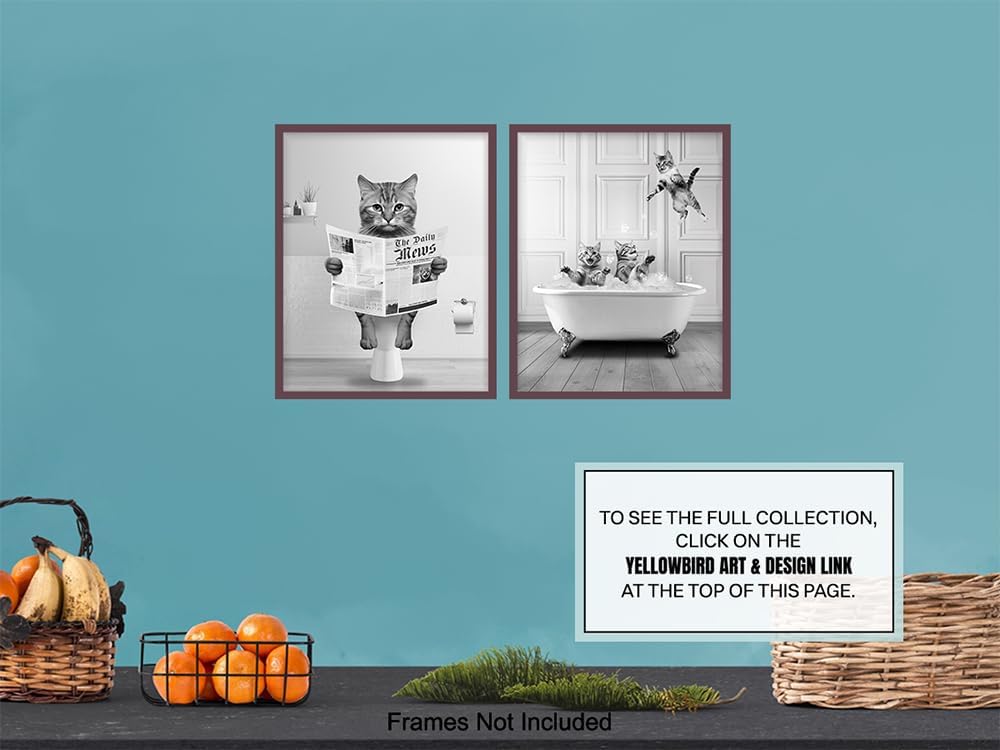 Cat Themed Wall Art & Decor - Kids Bathroom Set - Cute Cat Lovers Gifts - Funny Bathroom Decor - Kitty Poster Wall Collage - Bath Accessories for Men Women Girls Boys - Gray Bath Decoration - Image 7