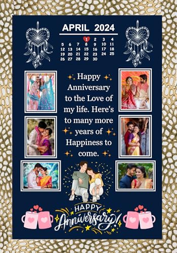 Image of Personalized Anniversary Photo Frame | Custom Couple Picture Frame with 6 Photos & Special Date | 12x8 Inch Blue Synthetic Wood | Romantic gift for Husband, Wife & Couples