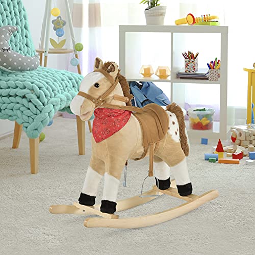 Qaba Kids Plush Ride-On Rocking Horse Toy Cowboy Rocker With Fun Realistic Sounds For Child 3-6 Years Old, Beige #TOP1