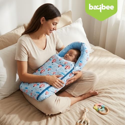 Image of Baybee 3-in-1 Baby Sleeping Bag & Carrying Bed | Velvet Cotton Carry Nest for New Born | Soft & Travel Friendly Sleeping Bag for Babies 0-6 Months (Lite Blue)