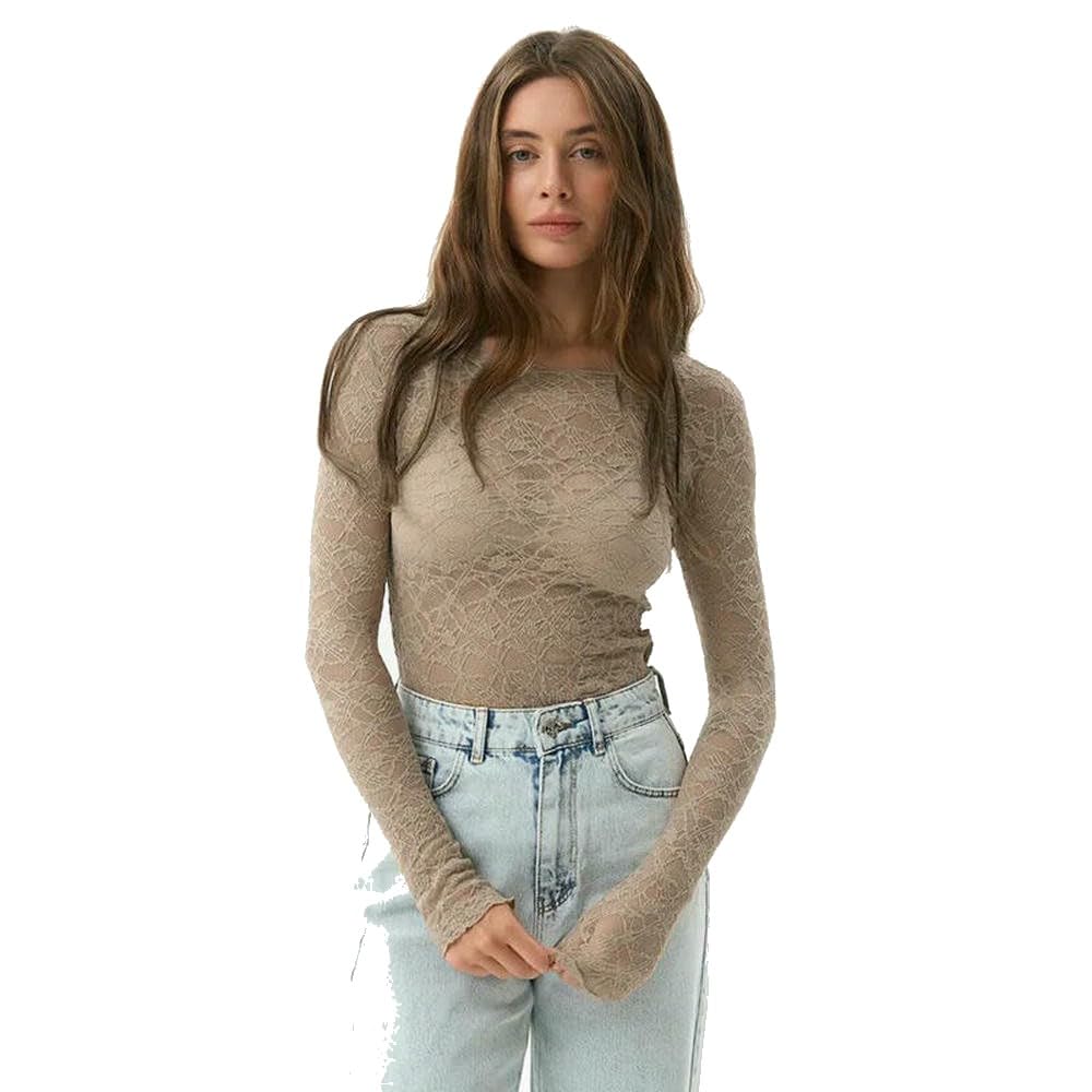 QXDZSW koszulki z długim rękawem dla kobiet estetyczne ubrania okrągły dekolt przezroczysty koronkowy krótki top slim fit koszulki