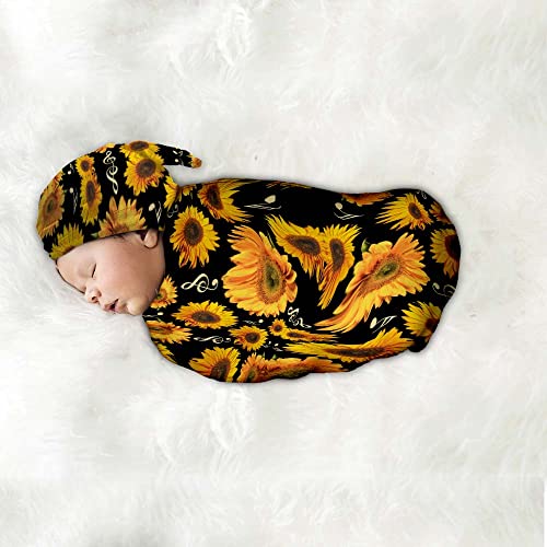 Image of Sunflower Music Note Newborn Swaddle Blankets Beanie Hat Sets,Newborn Receiving Blanket for Boy Girl,Swaddle Sack Shower Infant Gift, One Size