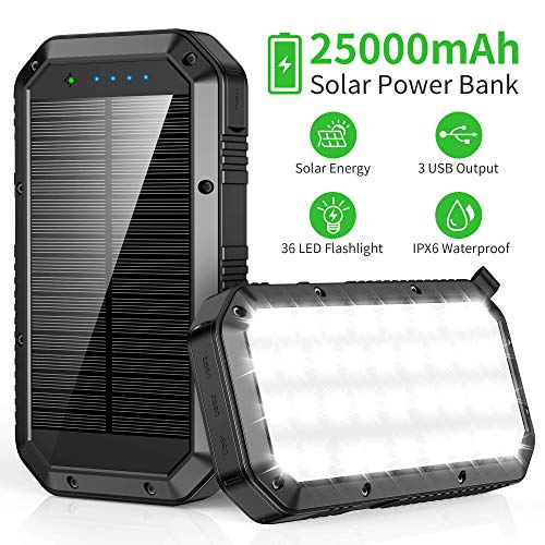Solar Powerbank 25000mAh, Solar Ladegerät mit 3 Ausgängen, Hohe Kapazität Externer Akku Tragbares Ladegerät Akkupack mit 36 LED Taschenlampe, Power Bank Kompatibel mit Smartphones, Tablets und mehr