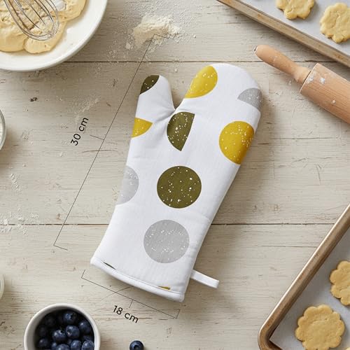 Image of Encasa XO Extra Long 18x35 cm Microwave Oven Gloves Mitts (2 pcs) for Kitchen Cooking - Yellow Moon - Heat Resistant, Thick & Safe, Protection of Hands from Hot Utensils, Gas Flame, Grill, Barbecue