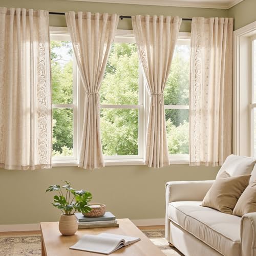 Image of jinchan Beige Floral Linen Curtains for Living Room 63 inch Back Tab 2 Panels