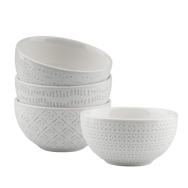 Zestaw 4 misek śniadaniowych z Reliefmuster, miska na płatki, średnica 11,5 cm, miska kuchenna, miska śniadaniowa do zupy, ceramiczne miski do muesli, przekąski, ramen lub deser (biały)