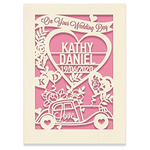 Personalised Wedding Card | Wedding Anniversary Engraved Card | Congratulations Wedding Day for New Couples Newlywed | Custom Gift with Envelopes Hand Finished in UK (Pink) Cover
