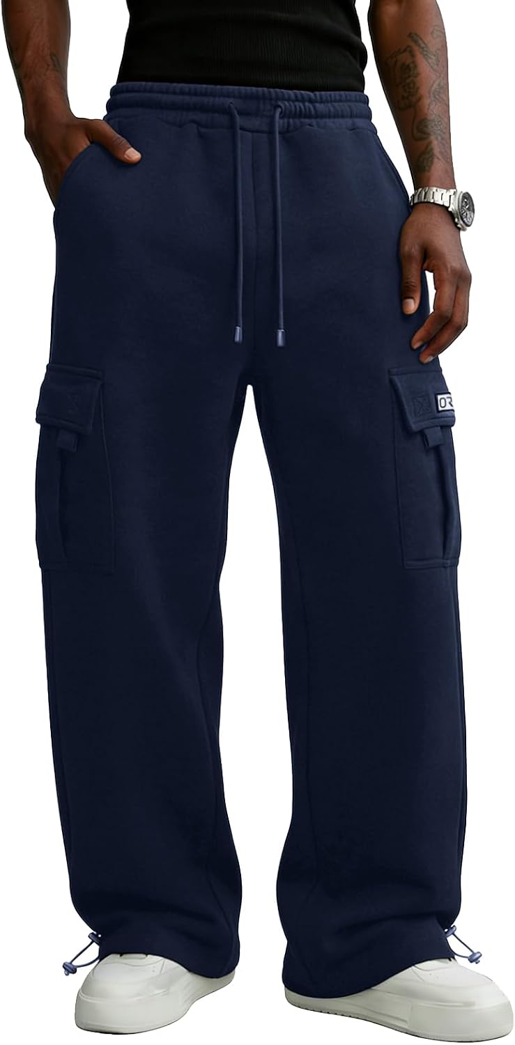 Men's Cargo Sweatpants Fleece Loose Casual Jogging Hiking Pants Open Bottom Sweatpants for Men Athletic Workout with Pockets