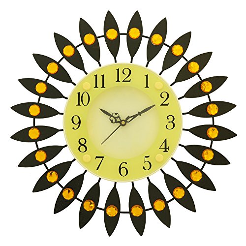 CHRONIKLE Beautiful Floral Decorative Round Diamond Studded Analog Home/Office Decor Metal Crystal Wall Clock with Sweep Movement (Size: 37 x 5 x 37 CM | Color: Yellow & Black | Weight: 705 grm) Deal