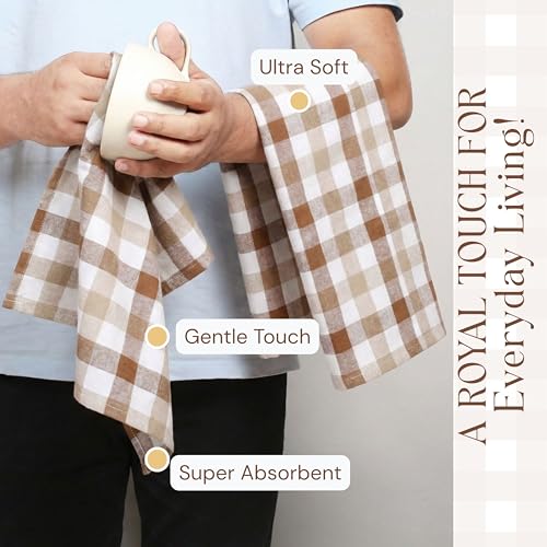 Image of Checked Dish Towels 4 Pack, 18x26 Inches, Quick Dry Towels for Kitchen, Durable, Reusable, Absorbent Wash Cloths Set, Washable Fabric, Heavy Duty for Daily Use - Brown, Beige, White