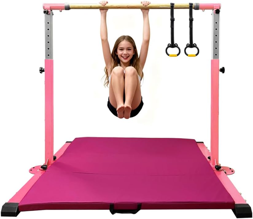 Gymnastics Bar for Kids Girls Ages 3-15 with Ring for Home Indoor Training Equipment- Steady Steel Construction, Anti-Slip, Easy to Assemble, 3' to 5' Adjustable Height