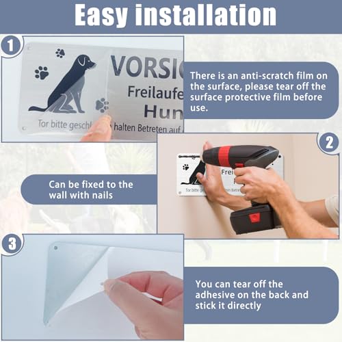 Vorsicht Freilaufender Hund, 25x10cm Achtung Schild, Betreten Auf Eigene Gefahr, Warnung Vor Dem Hund, Aluminium Mit Selbstklebend Und Vorgebohrten Löchern (1)