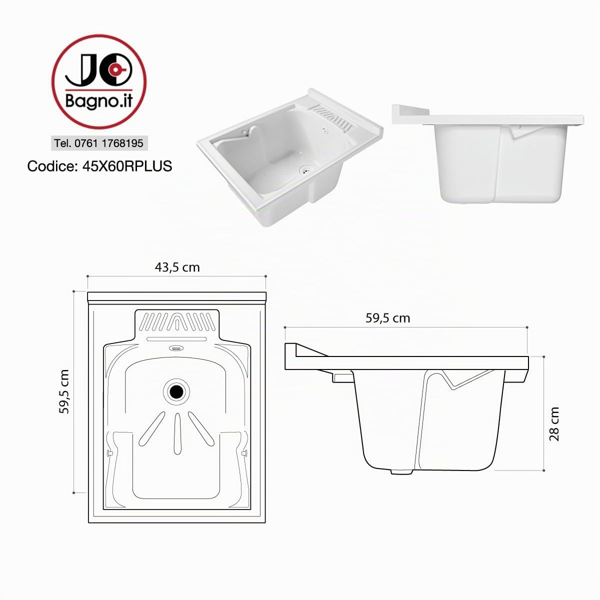Lavatoio Lavapanni in Resina PP, Bianco, 45x60 Ideale per Ricambio o Installazione su Mobile o Piano da appoggio in Lavanderia o Cucina Incluso di Kit Sifoneria