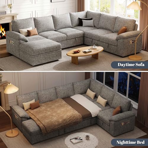 Image of 108 Inch Modular Sectional Sofa with Pull Out Bed,U Shaped 7 Seat Sectional Sleeper Sofa with Storage,Sectional Couches for Living Room,Cloud Modular Couch,Removable Sofa Cover,Light Gray