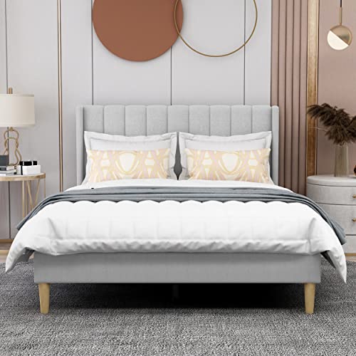 Image of AGARTT Upholstered Platform Bed Frame Full Size, Light Grey Linen