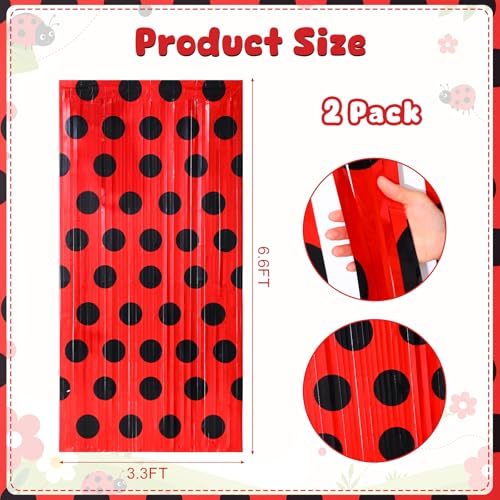 Image of Tiamon 2 Pack Ladybug Party Decorations 3.3 x 6.6 Ft Foil Fringe Curtains Backdrop Black and Red Polka Dots Tinsel Streamers Photo Booth for Baby Shower Birthday Party Supplies