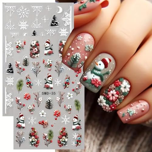 Fbabfbuo SA757 Christmas Nail Art Stickers Decals Snowflake Snowman Nail Stickers 2Pcs Snowman Tree Floral Xmas Nails Design 5D Embossed Christmas Nails Adhesive Decals Manicure Accessories cover