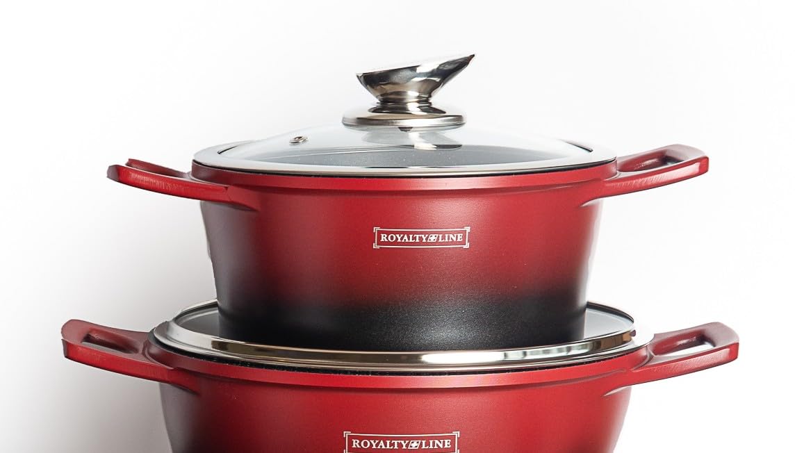 ROYALTY LINE, 17-teiliges Set, Kochgeschirr aus Aluminiumguss, marmorierte Beschichtung, mit abnehmbaren Silikongriffen, kompatibel mit allen Wärmequellen, 24–28 cm, Rot