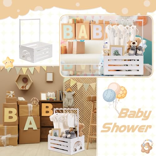 Image of Yerliker Wooden Baby Shower Crate Closet Baby Shower Gifts Basket Storage Crate Hamper with Handle Personalized Basket for Newborn Boys Girls Pregnancy Gifts(White,Cloudy, Rainbow)