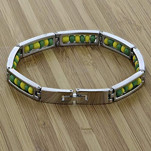Stainless Steel Unisex Link Wristband Inside Green and Yellow Beaded Babalawo Orula Bracelet - Babalawo Orula Unisex Bracelet for Teens and Adults4