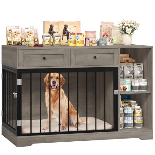 FirFurd 120cm Gabbia per Cani con 2 Porte, Kennel Cane Medio con 2 Cassetti e 2 Scomparti Aperti, Cuccia in Stile Mobili con Stoccaggio in Metallo e Legno, 120x60x87 cm (Colore Antico)