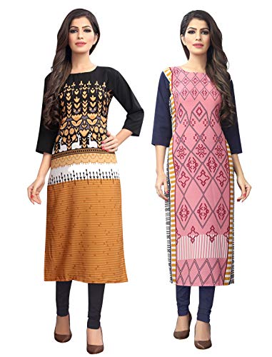 1 Stop Fashion Women’s Multi-Coloured Crep Knee Long W Style Kurtas/Kurti (Pack of 2)
