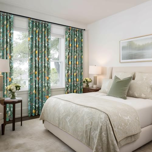 Image of Sage Green Printed Pattern Curtains 96 Inches Long for Living Room,Farmhouse Floral Vintage Art Deco Drapes,Pinch Pleated Blackout Hummingbird Lemon Patterned Window Treatment for Bedroom 2 Panels