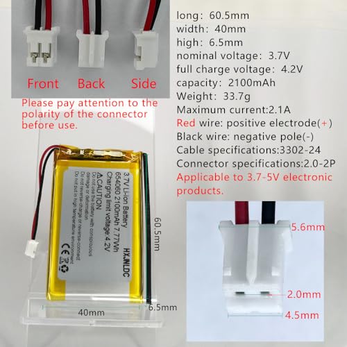 HXJNLDC DC 3.7V 2100mAh 654060(704060) rechargeable lithium polymer replacement battery for DIY 3.7-5V Electronic Products with Built-in 2-Wire Battery Replacement and LED Lights