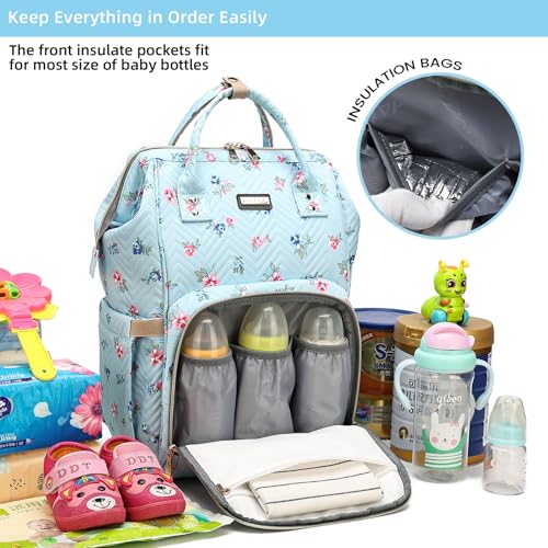 Image of GAIVP Diaper Bag Backpack, Diaper Bags for Baby Girls Boys, Baby Bags for Moms Dads, Nappy Changing Bag with Insulated Pockets,Multi-functional Waterproof Backpack with Stroller straps-Blue Flowers