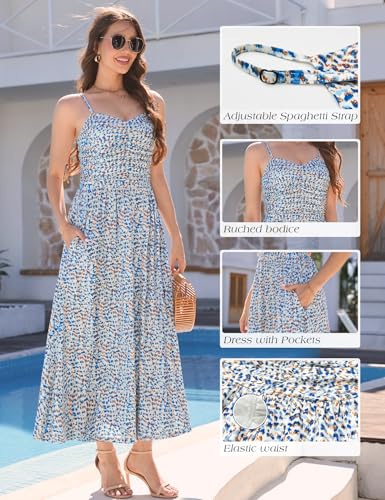 Image of Annebouti Women 2026 Summer Spring Ruched Maxi Dress Adjustable Spaghetti Strap Floral Beach Long Sundress with Pockets