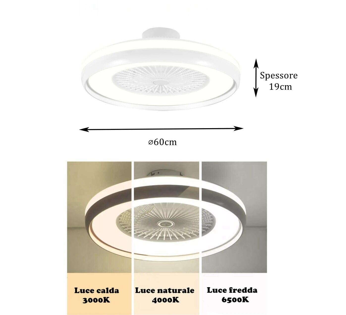 Partenopea Lampadario ventilatore 6 velocità Plafoniera moderna a LED con telecomando e gestibile da APP cambia 3 tonalità luce bianca, dimmerabile 62W per interni casa cucina soggiorno (Ufo)