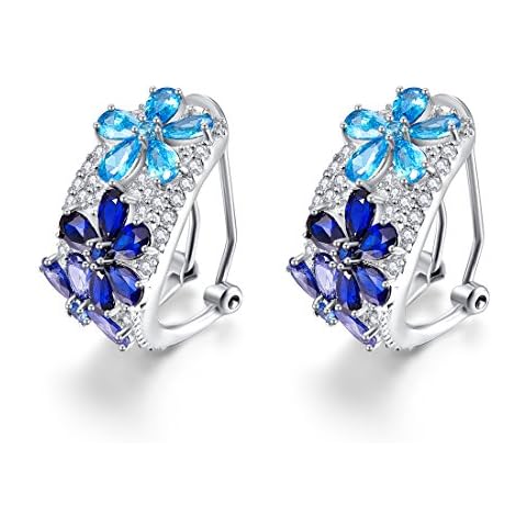 Merthus Womens 925 Sterling Silver Created Blue Sapphire & Topaz Flower Stud Earrings Cover