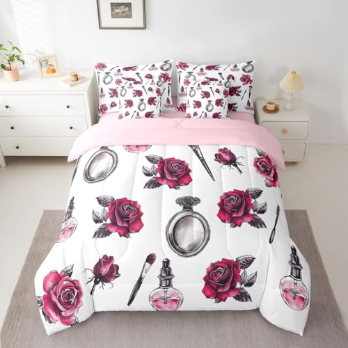 Image of 7 Pcs Pink Rose Queen Size Bedding Sets Girly Lady Makeup Perfume Comforter Set Vintage Sketch Roses Romantic Style Bed in a Bag with Comforter,Flat Sheet,Fitted Sheet,2 Pillowcases,2 Pillow Covers