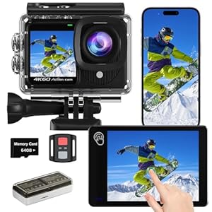TIMNUT Touchscreen 4K60FPS Action Cam mit 64G Karte, 40M Unterwasserkamera 48MP HD WiFi Kamera mit EIS 8X Zoom Wasserdicht Actionkameras Weitwinkel Sportkamera mit 2 * 1350 mAh Akkus